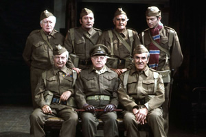 Dad's Army. Image shows from L to R: Private Godfrey (Arnold Ridley), Lance Corporal Jones (Clive Dunn), Private Walker (James Beck), Captain Mainwaring (Arthur Lowe), Private Frazer (John Laurie), Sergeant Wilson (John Le Mesurier), Private Pike (Ian Lavender)