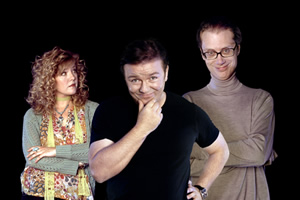 Extras. Image shows from L to R: Maggie Jacobs (Ashley Jensen), Andy Millman (Ricky Gervais), Darren Lamb (Stephen Merchant)