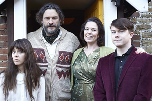 Flowers. Image shows from L to R: Amy (Sophia Di Martino), Maurice (Julian Barratt), Deborah (Olivia Colman), Donald (Daniel Rigby). Copyright: Kudos Productions