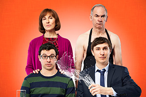 Friday Night Dinner. Image shows from L to R: Jackie (Tamsin Greig), Adam (Simon Bird), Martin (Paul Ritter), Jonny (Tom Rosenthal)