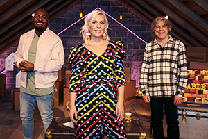 Guessable?. Image shows from L to R: Darren Harriott, Sara Pascoe, Alan Davies. Copyright: Tuesday's Child