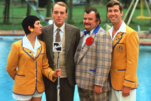 Hi-De-Hi!. Image shows from L to R: Gladys Pugh (Ruth Madoc), Jeffrey Fairbrother (Simon Cadell), Ted Bovis (Paul Shane), Spike Dixon (Jeffrey Holland). Copyright: BBC