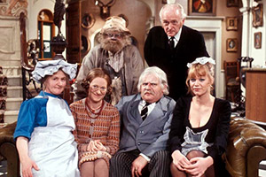 His Lordship Entertains. Image shows from L to R: Cook (Mary Baxter), Mildred Bates (Josephine Tewson), Dithers (David Jason), Lord Rustless (Ronnie Barker), Badger (Frank Gatliff), Effie (Moira Foot). Copyright: BBC