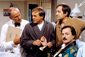 Only When I Laugh. Image shows from L to R: Dr. Gordon Thorpe (Richard Wilson), Roy Figgis (James Bolam), Norman Binns (Christopher Strauli), Archie Glover (Peter Bowles). Copyright: Yorkshire Television