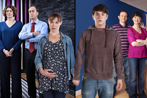 Pramface. Image shows from L to R: Janet Derbyshire (Anna Chancellor), Alan Derbyshire (Angus Deayton), Laura Derbyshire (Scarlett Alice Johnson), Jamie Prince (Sean Michael Verey), Keith Prince (Ben Crompton), Sandra Prince (Bronagh Gallagher)