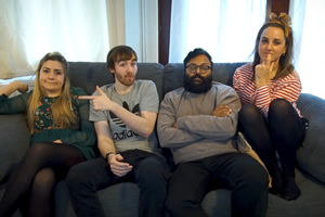 Reaction Crew. Image shows from L to R: Brianne (Harriet Kemsley), Brian (Ian Smith), Mark (Sunil Patel), Abbey (Lucy Pearman). Copyright: Turtle Canyon Comedy