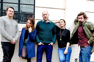 Small Scenes. Image shows from L to R: Daniel Rigby, Cariad Lloyd, Henry Paker, Jessica Ransom, Mike Wozniak. Copyright: BBC