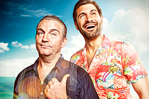 SunTrap. Image shows from L to R: Brutus (Bradley Walsh), Woody (Kayvan Novak). Copyright: Happy Tramp Productions