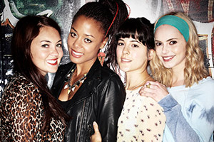 Switch. Image shows from L to R: Stella (Lacey Turner), Jude (Nina Toussaint-White), Grace (Phoebe Fox), Hannah (Hannah Tointon). Copyright: Touchpaper Television