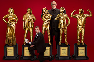 Taskmaster. Image shows from L to R: Alex Horne, Greg Davies