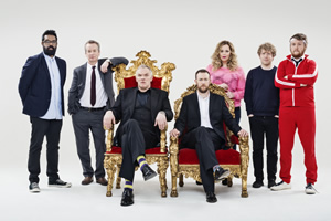 Taskmaster. Image shows from L to R: Romesh Ranganathan, Frank Skinner, Greg Davies, Alex Horne, Roisin Conaty, Josh Widdicombe, Tim Key. Copyright: Avalon Television / UKTV