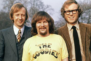 The Goodies. Image shows from L to R: Tim (Tim Brooke-Taylor), Bill (Bill Oddie), Graeme (Graeme Garden). Copyright: BBC