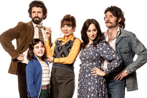 The Kennedys. Image shows from L to R: Tony Kennedy (Dan Skinner), Emma Kennedy (Lucy Hutchinson), Brenda Kennedy (Katherine Parkinson), Jenny (Emma Pierson), Tim (Harry Peacock). Copyright: BBC