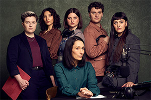 Time Of The Week. Image shows left to right: Jodie Mitchell, Aruhan Galieva, Lorna Rose Treen, Chloe Slack (Sian Clifford), Jonathan Oldfield, Alice Cockayne