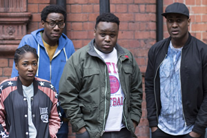 Timewasters. Image shows from L to R: Lauren (Adelayo Adedayo), Nick (Daniel Lawrence Taylor), Horace (Samson Kayo), Jason (Kadiff Kirwan). Copyright: Big Talk Productions