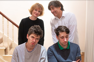 Unite. Image shows from L to R: Imogen (Claire Skinner), Gideon (Ivo Graham), Tony (Mark Steel), Ashley (Elliot Steel)