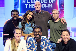 A League Of Their Own. Image shows left to right: Micah Richards, Jill Scott, Maya Jama, Tyson Fury, Romesh Ranganathan, Rob Beckett, Jamie Redknapp