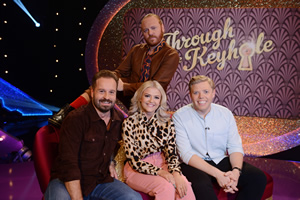 Through The Keyhole. Image shows from L to R: Alfie Boe, Leigh Francis, Lucy Fallon, Rob Beckett. Copyright: Talkback