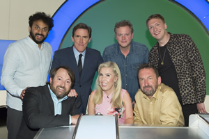 Would I Lie To You?. Image shows from L to R: Nish Kumar, David Mitchell, Rob Brydon, Nikki Fox, Miles Jupp, Lee Mack, Joe Lycett. Copyright: Zeppotron