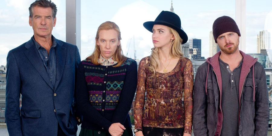 A Long Way Down. Image shows from L to R: Martin Sharp (Pierce Brosnan), Maureen (Toni Collette), Jess Crichton (Imogen Poots), J.J. (Aaron Paul)