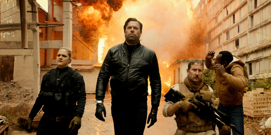 Action Team. Image shows from L to R: Monica (Laura Checkley), Logan (Tom Davis), Graham (Jim Howick), Huxley (Kayode Ewumi)