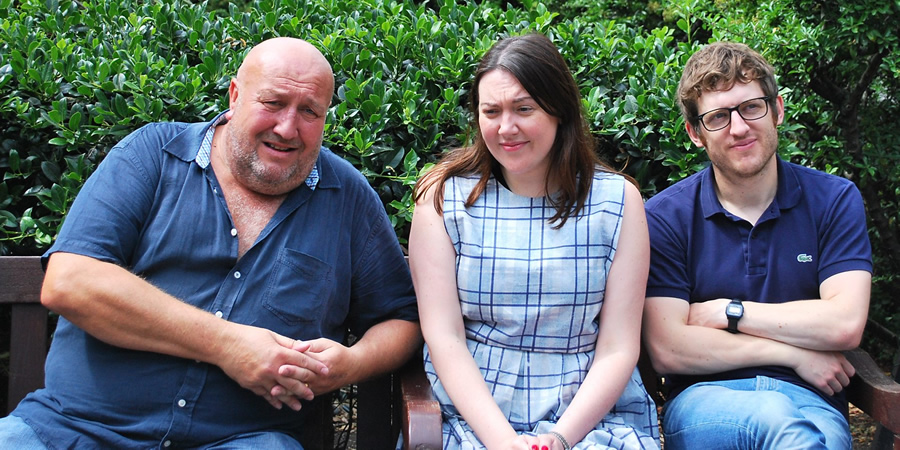 Ankle Tag. Image shows from L to R: Bob (Steve Speirs), Alice (Katy Wix), Gruff (Elis James). Copyright: BBC