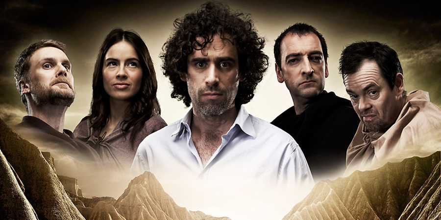 ElvenQuest. Image shows from L to R: Vidar (Darren Boyd), Penthiselea (Ingrid Oliver), Sam (Stephen Mangan), Lord Darkness (Alistair McGowan), Dean (Kevin Eldon). Copyright: BBC