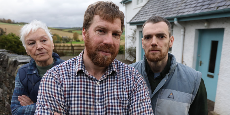 The Farm. Image shows from L to R: Mother (Ann-Louise Ross), Jim MacDonald (Jim Smith), Donnie (Chris Forbes). Copyright: BBC