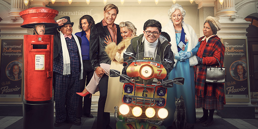 Gangsta Granny Strikes Again. Image shows left to right: Mr Parker (Griff Rhys Jones), Raj (Harish Patel), Flavio (Kevin Bishop), Mike (David Walliams), Linda (Sheridan Smith), Ben (Archie Yates), The Queen (Maggie Steed), Esha (Shobu Kapoor)