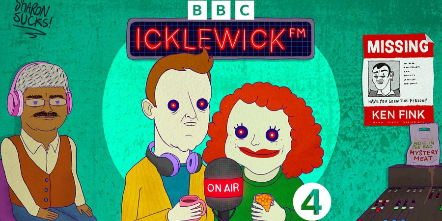 Icklewick FM. Image shows left to right: Mark Silcox, Chris Cantrill, Amy Gledhill. Credit: BBC