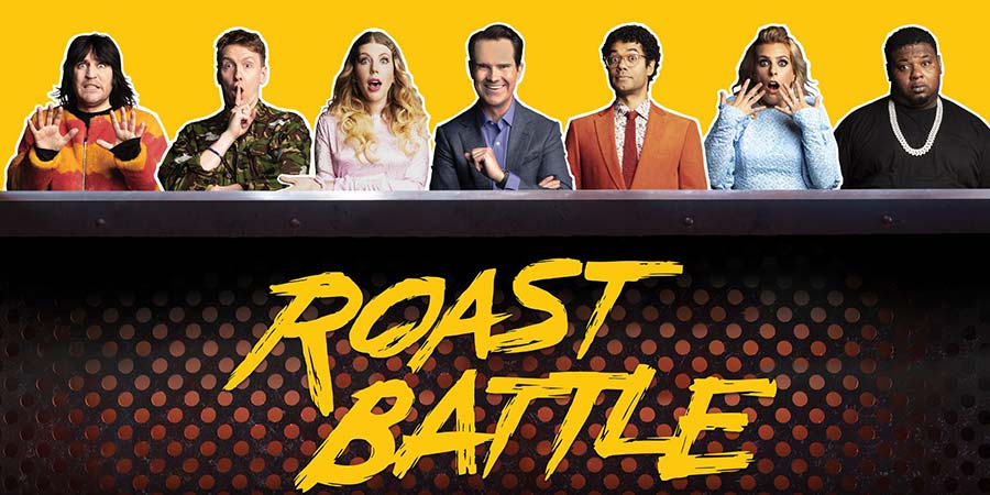 Roast Battle. Image shows from L to R: Noel Fielding, Joe Lycett, Katherine Ryan, Jimmy Carr, Richard Ayoade, Sara Pascoe, Big Narstie