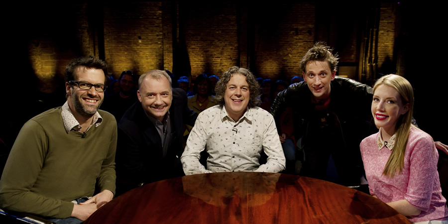 Alan Davies: As Yet Untitled. Image shows from L to R: Marcus Brigstocke, Bob Mortimer, Alan Davies, John Robins, Katherine Ryan