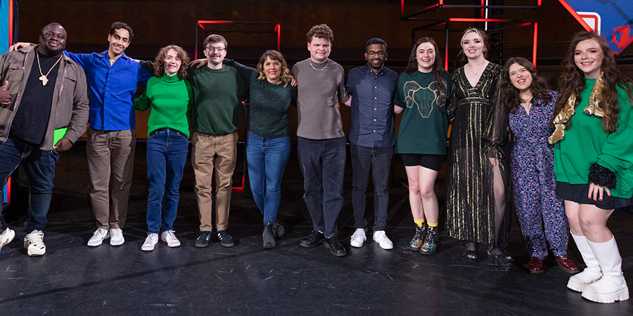 BBC New Comedy Awards. Image shows left to right: Nabil Abdulrashid, Omar Badawy, Dee Allum, Robbie McShane, Kerry Godliman, Dan Tiernan, Joshua Bethania, Marjolein Robertson, Fern Brady, Rosie Jones, Anna Thomas