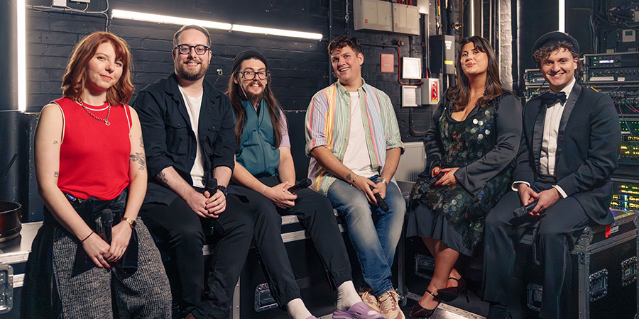 BBC New Comedy Awards. Image shows left to right: Marty Gleeson, Jake Donaldson, Paul Hilleard, Dane Buckley, Maia Tassalini, Jonathan Oldfield