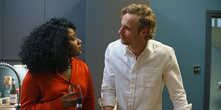 Cheaters. Image shows from L to R: Fola (Susan Wokoma), Zack (Jack Fox)