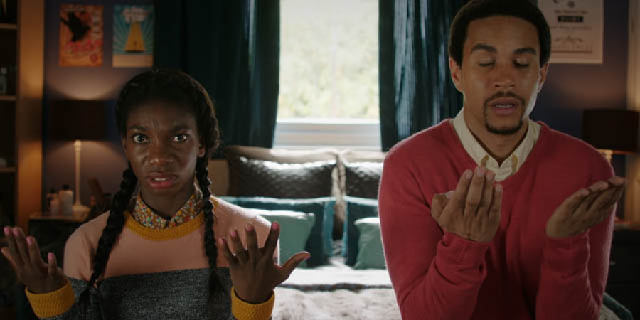 Chewing Gum. Image shows from L to R: Tracey Gordon (Michaela Coel), Ronald (John MacMillan). Copyright: Retort