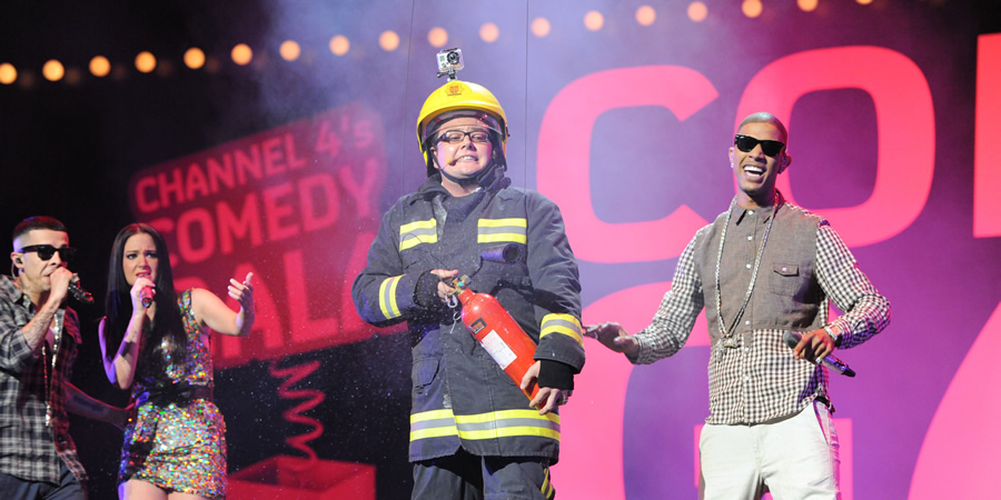 Channel 4's Comedy Gala. Image shows from L to R: Dino Contostavlos, Tulisa Contostavlos, Alan Carr, Fazer