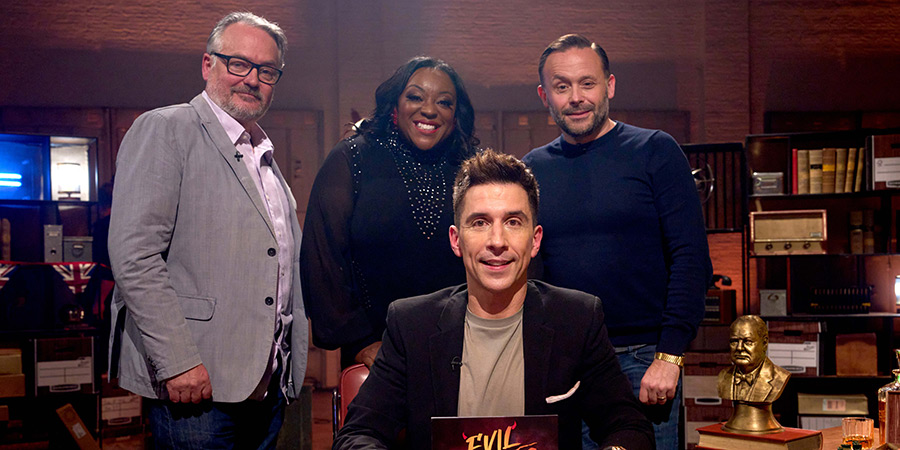 Evil Genius With Russell Kane. Image shows left to right: Charlie Higson, Judi Love, Russell Kane, Geoff Norcott