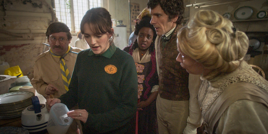 Ghosts. Image shows from L to R: Pat (Jim Howick), Alison (Charlotte Ritchie), Kitty (Lolly Adefope), Thomas (Mathew Baynton), Lady Button (Martha Howe-Douglas). Copyright: Monumental Pictures