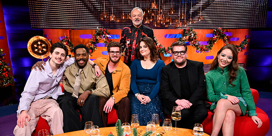 The Graham Norton Show. Image shows left to right: Timothée Chalamet, Colman Domingo, Andrew Garfield, Graham Norton, Ruth Jones, James Corden, Laufey Haraldsdóttir