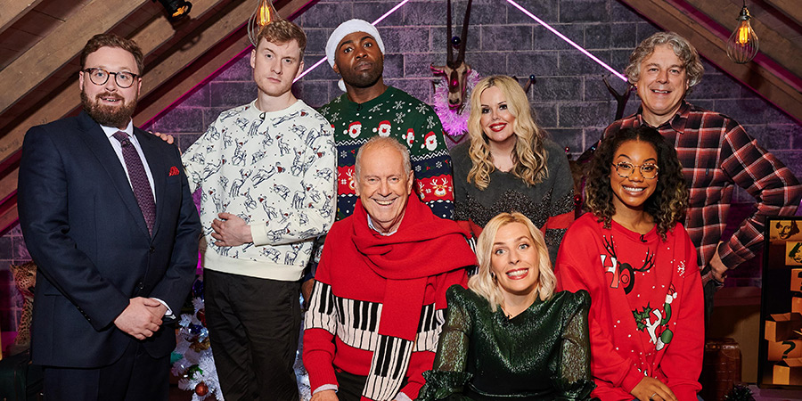 Guessable?. Image shows left to right: John Kearns, James Acaster, Darren Harriott, Gyles Brandreth, Roisin Conaty, Sara Pascoe, Kemah Bob, Alan Davies