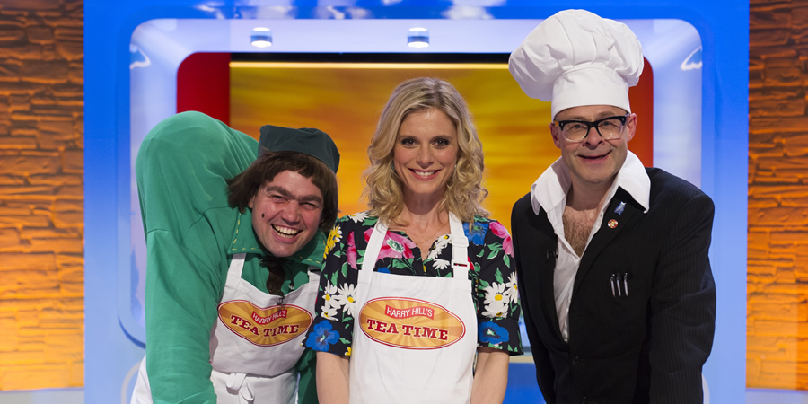 Harry Hill's Tea Time. Image shows from L to R: Trevor Modo (Charlie Baker), Emilia Fox, Harry Hill. Copyright: Nit TV