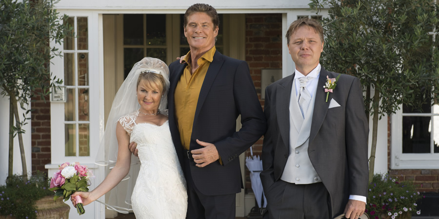 Hoff The Record. Image shows from L to R: Patricia (Sarah Hadland), Hoff (David Hasselhoff), Greg (Shaun Dooley). Copyright: Me & You Productions