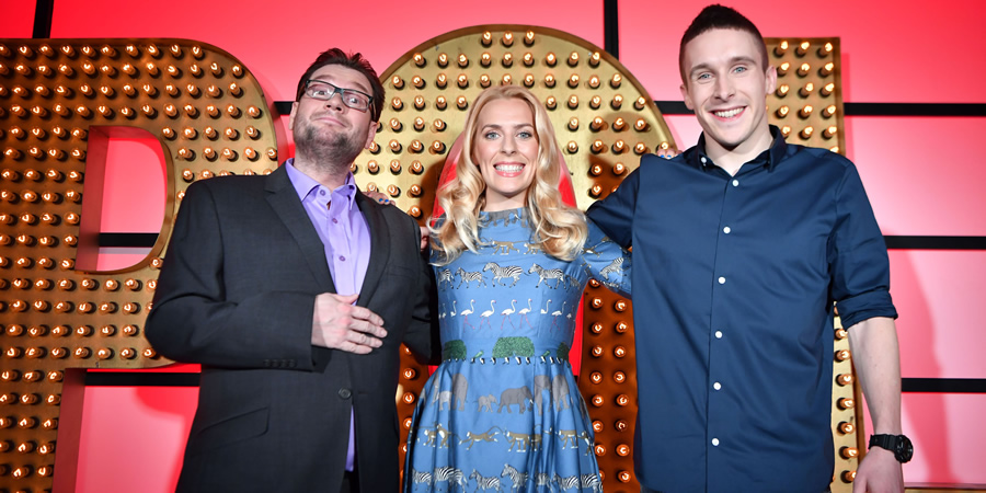 Live At The Apollo. Image shows from L to R: Gary Delaney, Sara Pascoe, Larry Dean. Copyright: Open Mike Productions