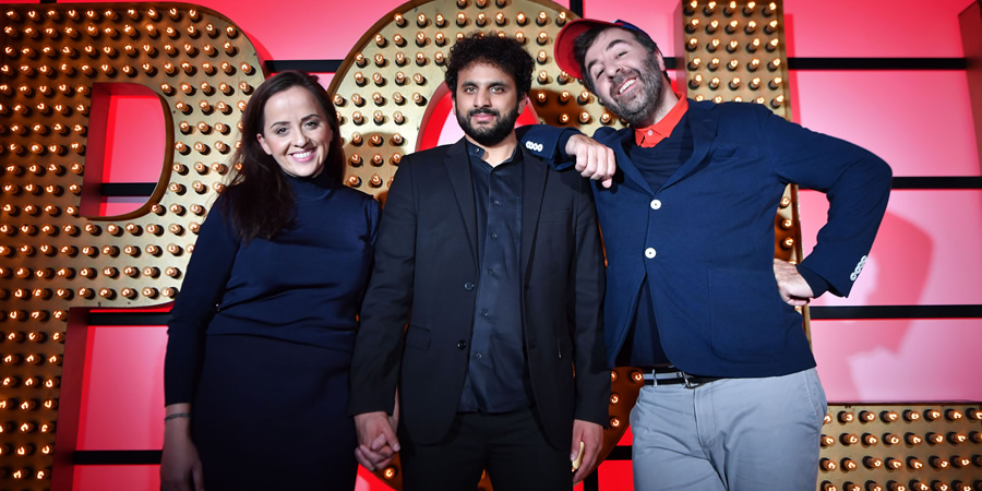 Live At The Apollo. Image shows from L to R: Luisa Omielan, Nish Kumar, David O'Doherty. Copyright: Open Mike Productions