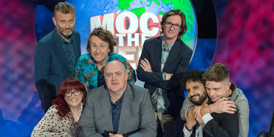 Mock The Week. Image shows from L to R: Hugh Dennis, Angela Barnes, Milton Jones, Dara O Briain, Ed Byrne, Nish Kumar, Ed Gamble. Copyright: Angst Productions