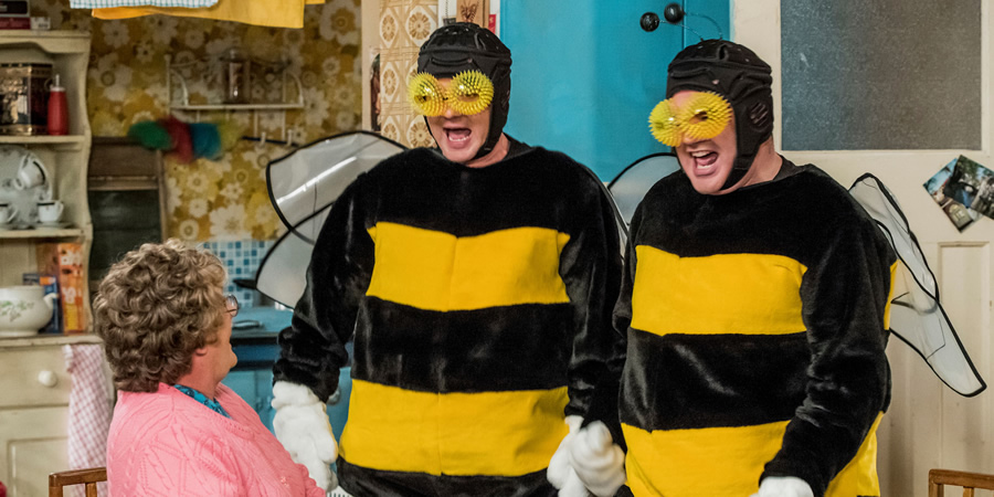 Mrs. Brown's Boys. Image shows from L to R: Agnes Brown (Brendan O'Carroll), Buster Brady (Danny O'Carroll), Dermot Brown (Paddy Houlihan)