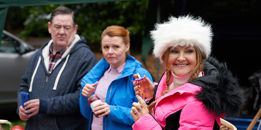 Murder, They Hope. Image shows from L to R: Terry (Johnny Vegas), Gemma (Sian Gibson), Monica (Sarah Hadland). Copyright: Shiny Button Productions