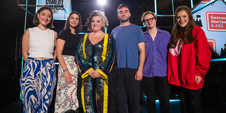 BBC New Comedy Awards. Image shows from L to R: Tamsyn Kelly, Priya Hall, Kiri Pritchard-McLean, Eddy Hare, Jamie Finn, Anna Thomas. Copyright: Phil McIntyre Entertainment