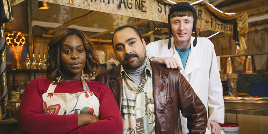 People Just Do Nothing. Image shows from L to R: Tia (Petra Letang), Chabuddy G (Asim Chaudhry), Steves (Steve Stamp). Copyright: Roughcut Television